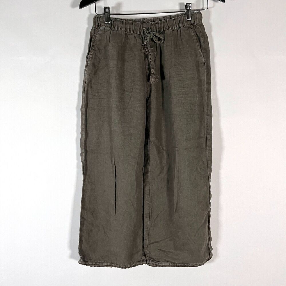 Garnet Hill Linen Pants Wide Leg Crop Crochet Edging Size 2 Army Green Lagenlook